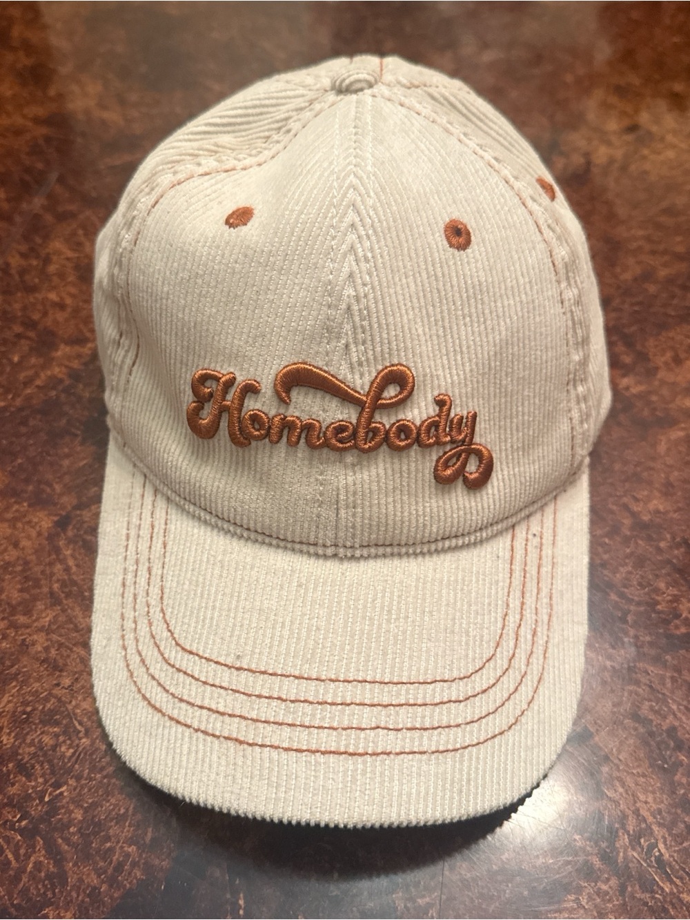 Embroidered Corduroy Cap in Cream with Tan Stitching